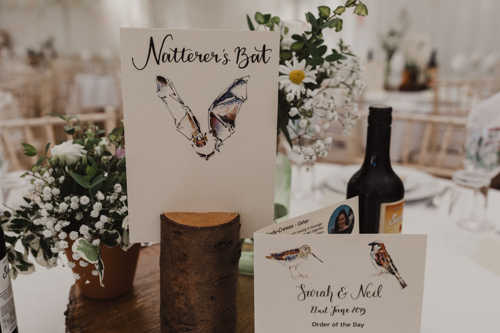 Table Centrepiece Log Slice Jar Flowers Animal Nature Table Names Seaside Wedding Oli and Steph Photography