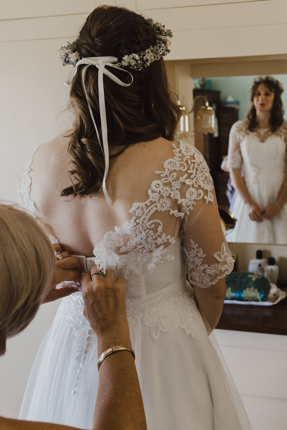 Dress Gown Bride Bridal Lace Short Sleeves Low Back Flower Crown Seaside Wedding Oli and Steph Photography