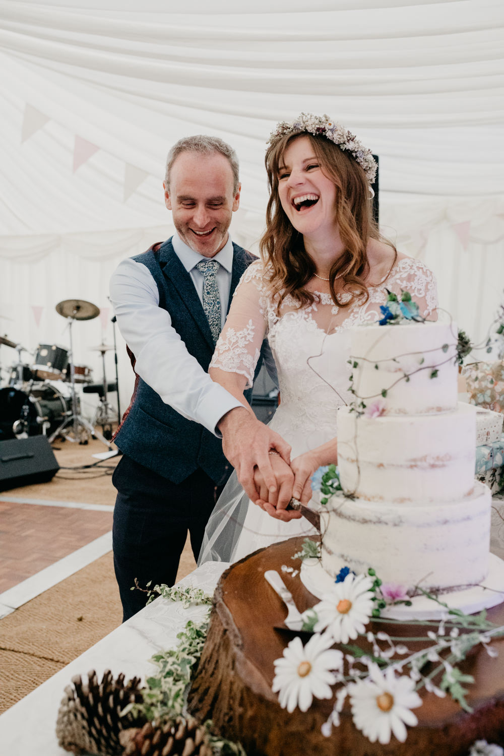 Buttercream Cake Log Slice Cake Stand Seaside Wedding Oli and Steph Photography