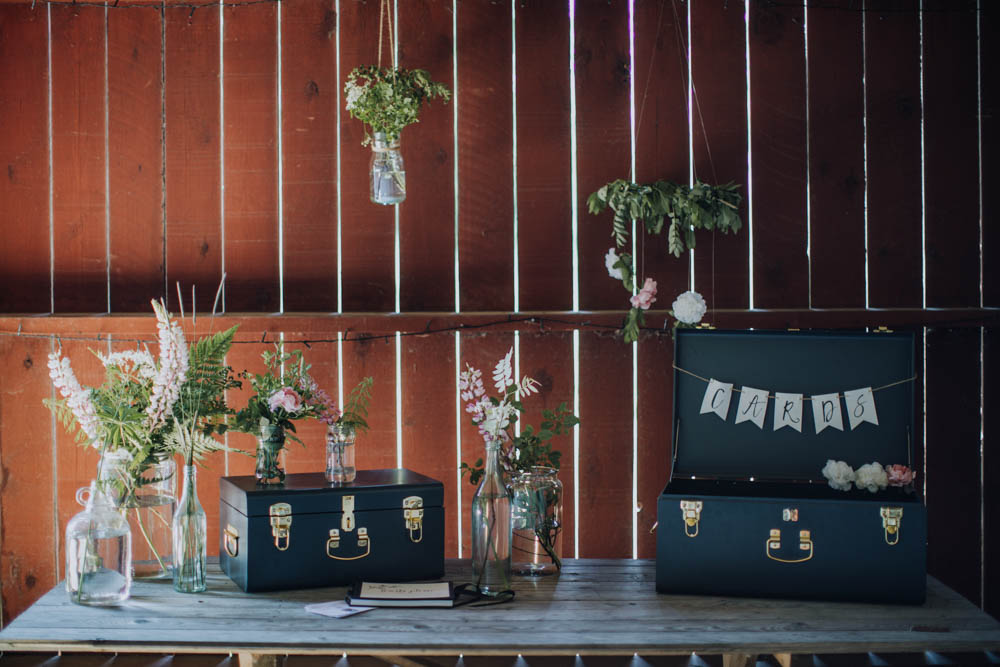 Card Suitcase Table Flowers Sweden Destination Wedding Clara Cooper Photography