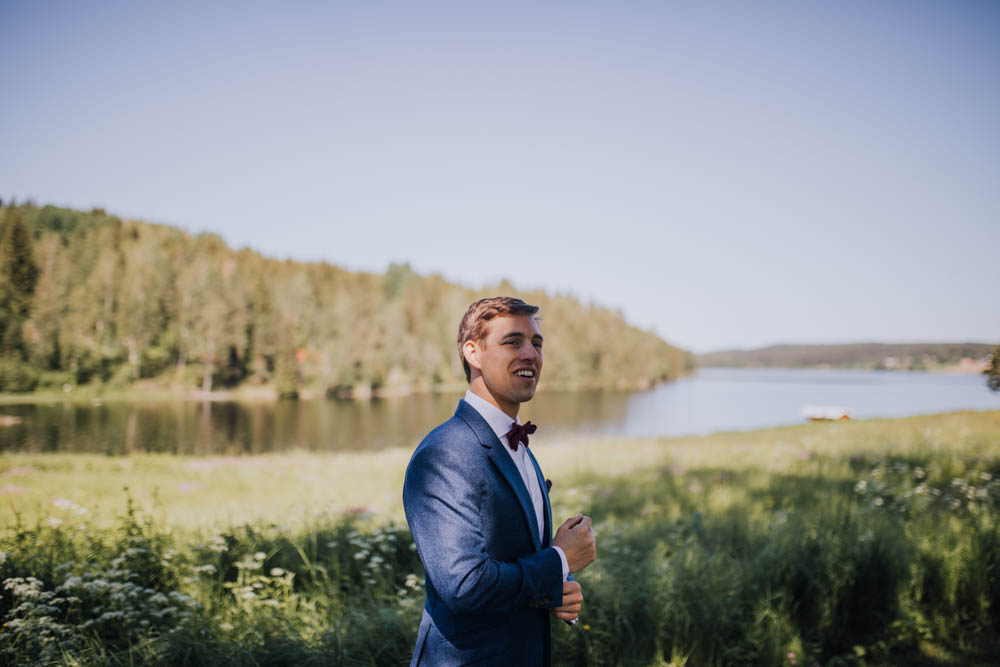 Groom Groomsmen Suit Blue Bow Tie Braces Sweden Destination Wedding Clara Cooper Photography