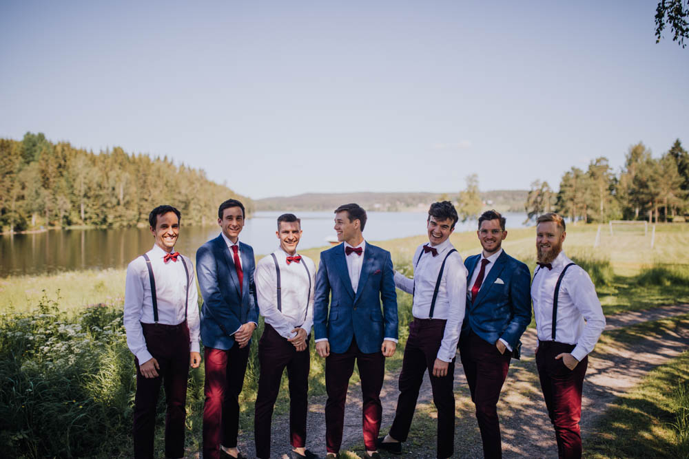 Groom Groomsmen Suit Blue Bow Tie Braces Sweden Destination Wedding Clara Cooper Photography