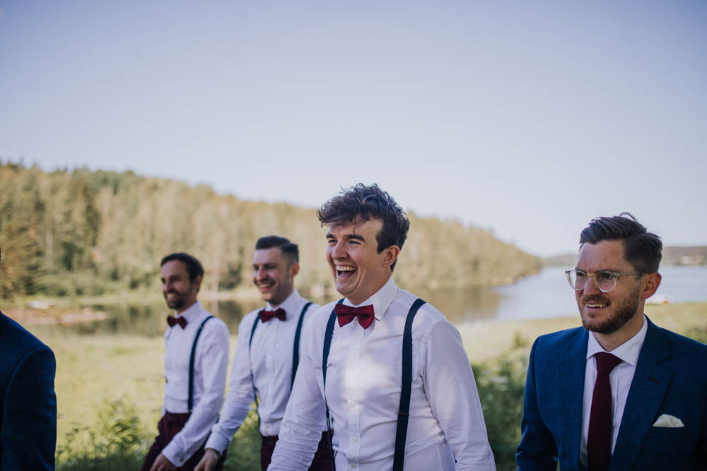 Groom Groomsmen Suit Blue Bow Tie Braces Sweden Destination Wedding Clara Cooper Photography