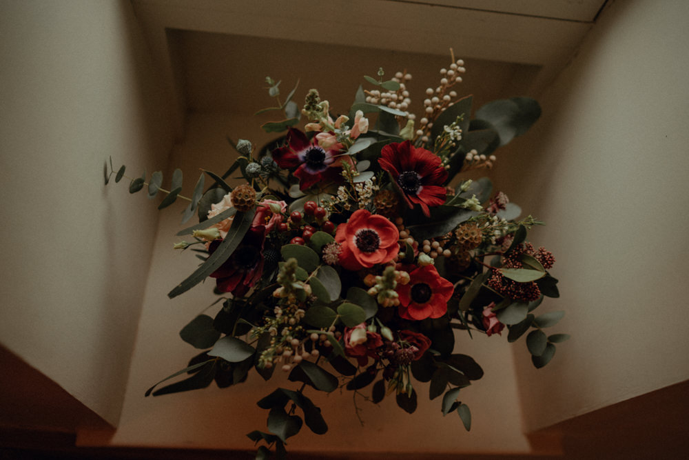 Bouquet Flowers Bride Bridal Red Burgundy Anemone Thistle Eucalyptus Ashes Barns Wedding Belle Art Photography
