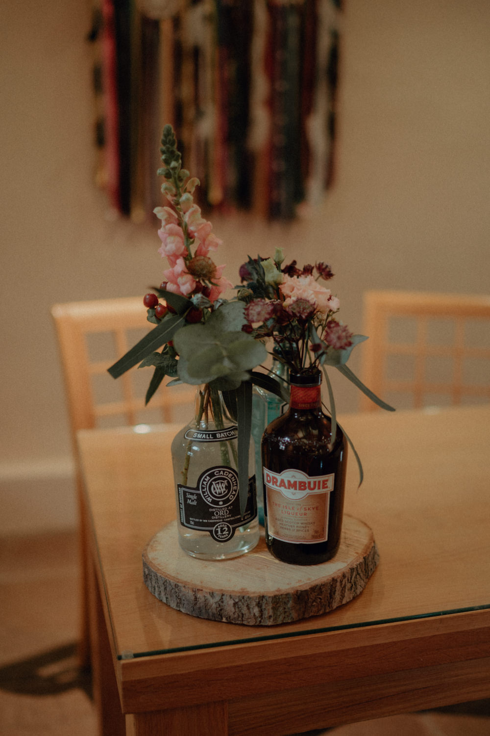 Log Slice Centrepiece Bottle Flowers Decor Ashes Barns Wedding Belle Art Photography