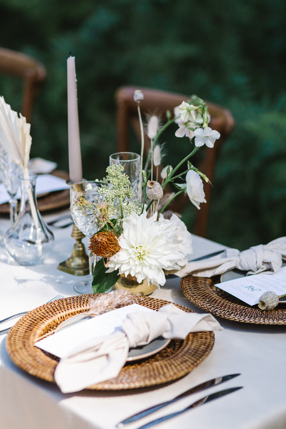 Table Tablescape Decor Rattan Charger Plates Taupe Napkins Candles Flowers Boconnoc Wedding Debs Alexander Photography