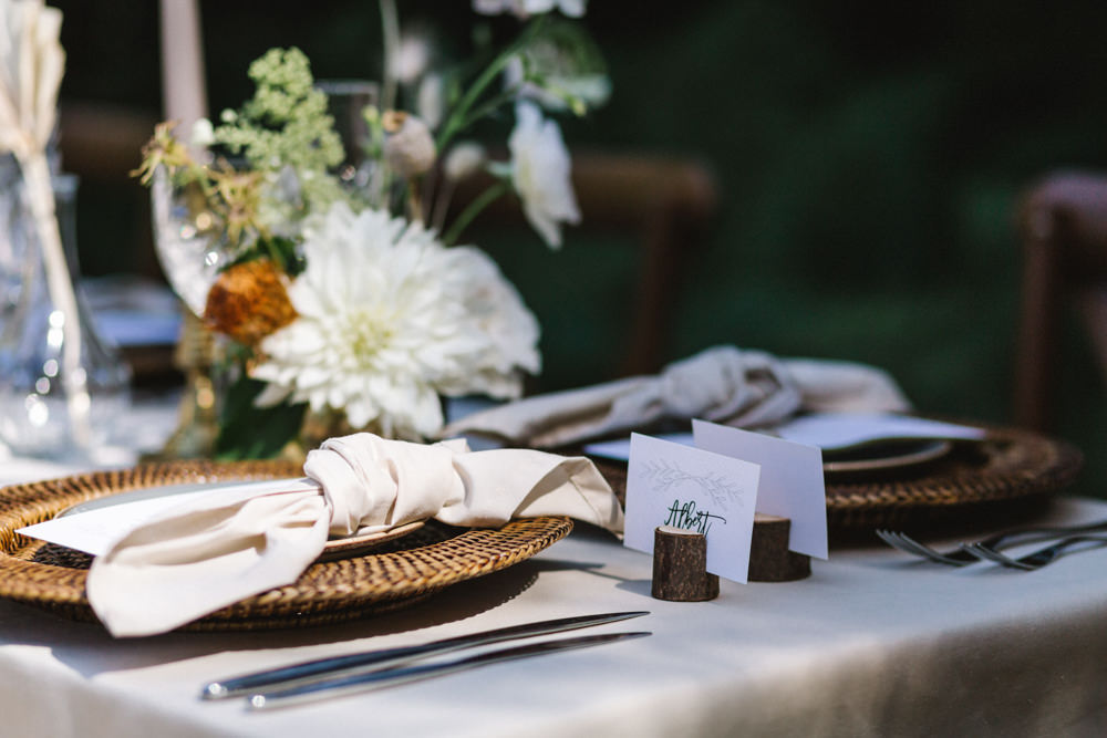 Table Tablescape Decor Rattan Charger Plates Taupe Napkins Candles Flowers Boconnoc Wedding Debs Alexander Photography