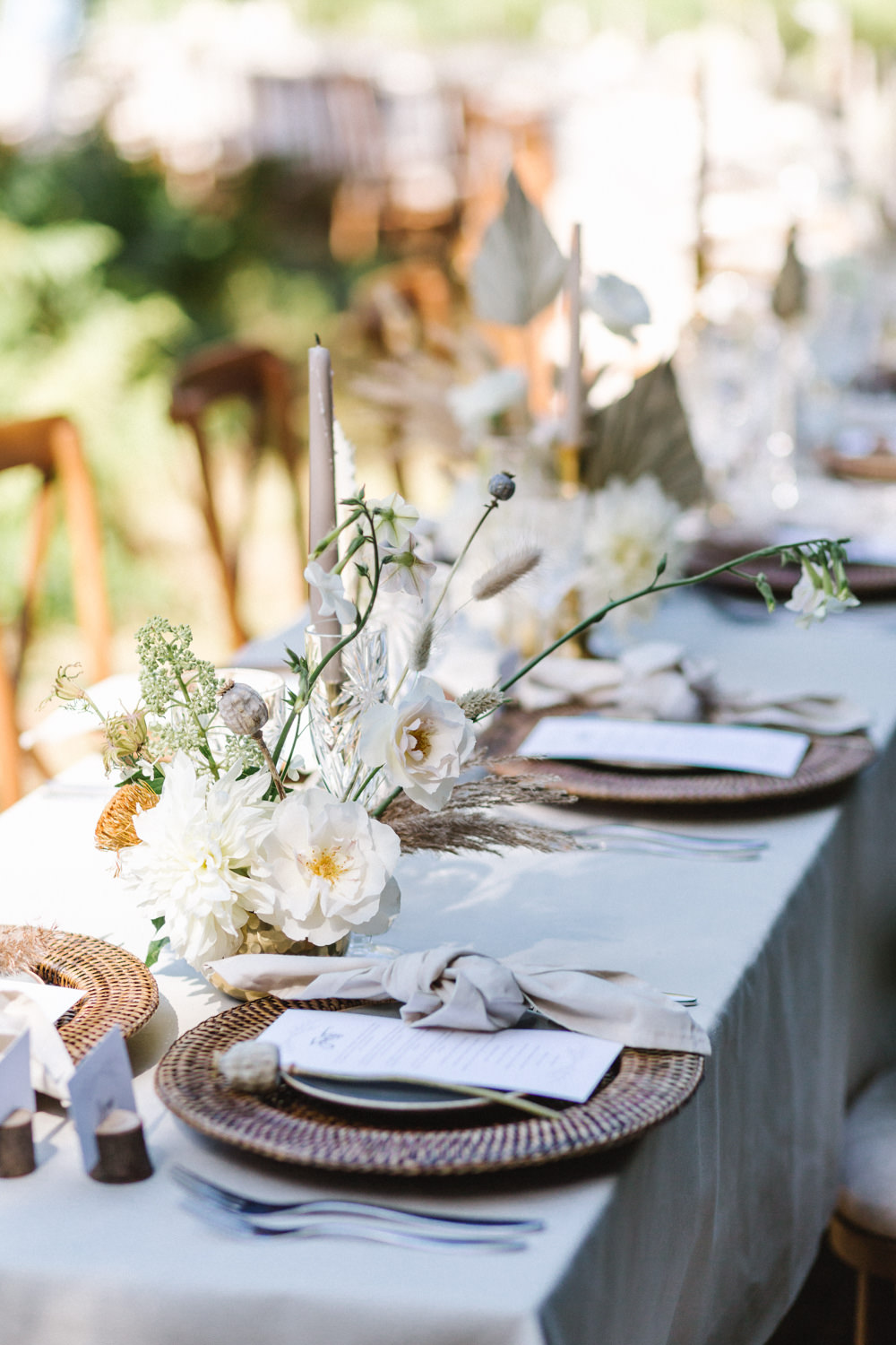 Table Tablescape Decor Rattan Charger Plates Taupe Napkins Candles Flowers Boconnoc Wedding Debs Alexander Photography