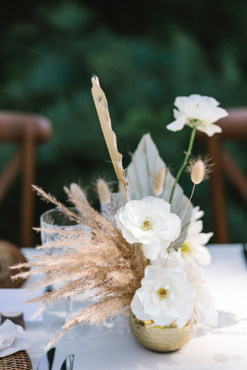 Table Flowers Centrepiece Palm Leave Grass Dried Seeds Boconnoc Wedding Debs Alexander Photography