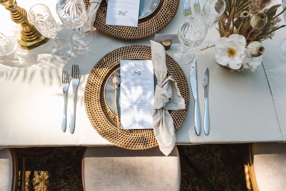 Table Tablescape Decor Rattan Charger Plates Taupe Napkins Candles Flowers Boconnoc Wedding Debs Alexander Photography