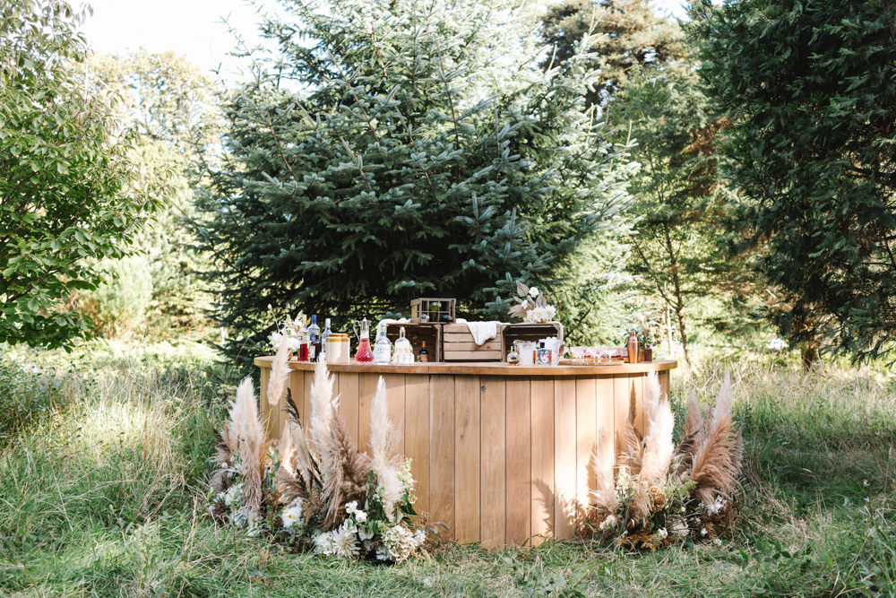 Wooden Bar Drinks Wood Woodland Pampas Grass Flowers Grasses Boconnoc Wedding Debs Alexander Photography