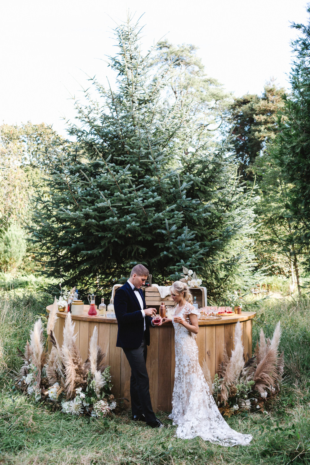 Wooden Bar Drinks Wood Woodland Pampas Grass Flowers Grasses Boconnoc Wedding Debs Alexander Photography