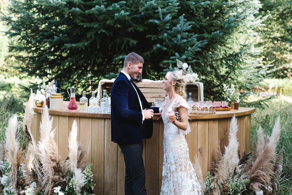 Wooden Bar Drinks Wood Woodland Pampas Grass Flowers Grasses Boconnoc Wedding Debs Alexander Photography