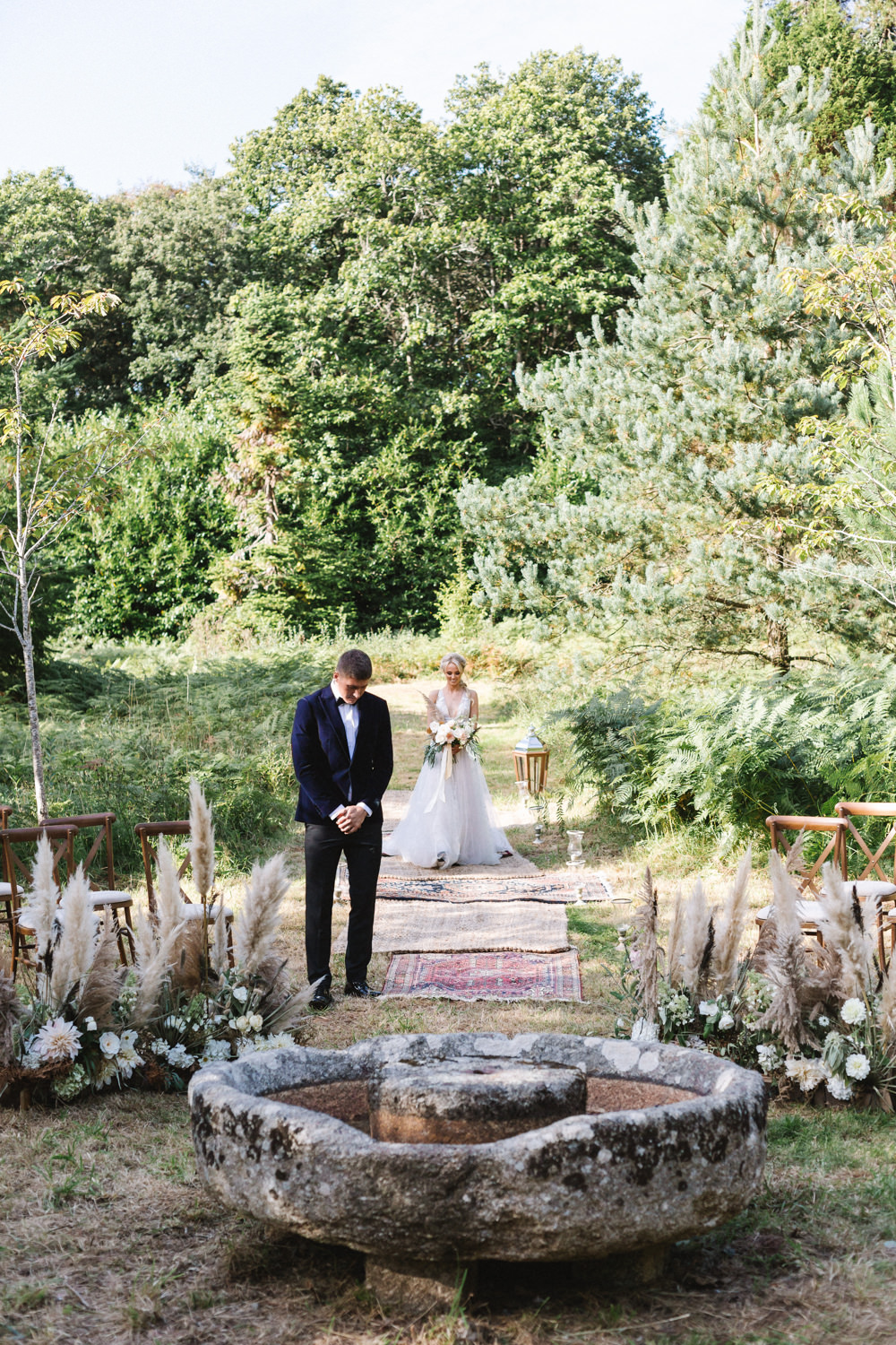 Ceremony Woodland Outdoor Circle Round Chairs Flowers Pampas Grass Palm Leaves Dahlias Aisle Boconnoc Wedding Debs Alexander Photography