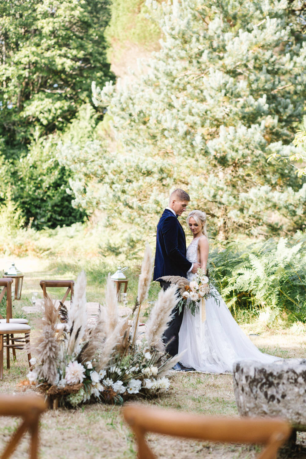 Ceremony Woodland Outdoor Circle Round Chairs Flowers Pampas Grass Palm Leaves Dahlias Aisle Boconnoc Wedding Debs Alexander Photography