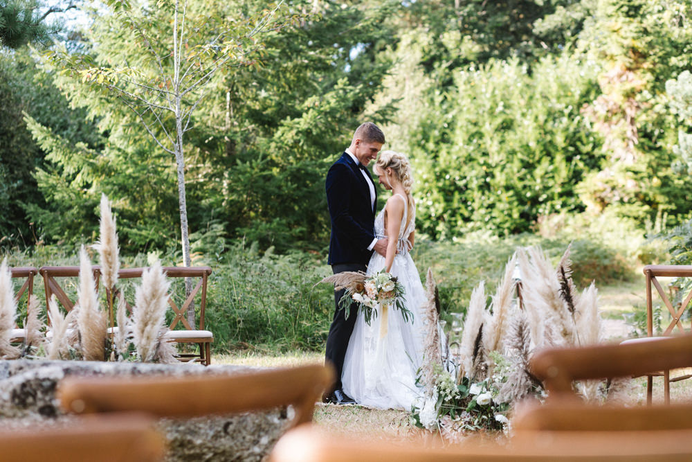 Ceremony Woodland Outdoor Circle Round Chairs Flowers Pampas Grass Palm Leaves Dahlias Aisle Boconnoc Wedding Debs Alexander Photography