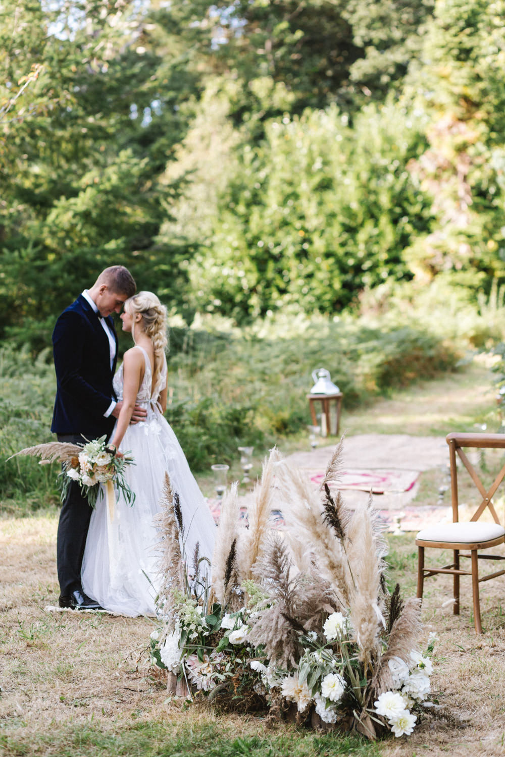 Ceremony Woodland Outdoor Circle Round Chairs Flowers Pampas Grass Palm Leaves Dahlias Aisle Boconnoc Wedding Debs Alexander Photography