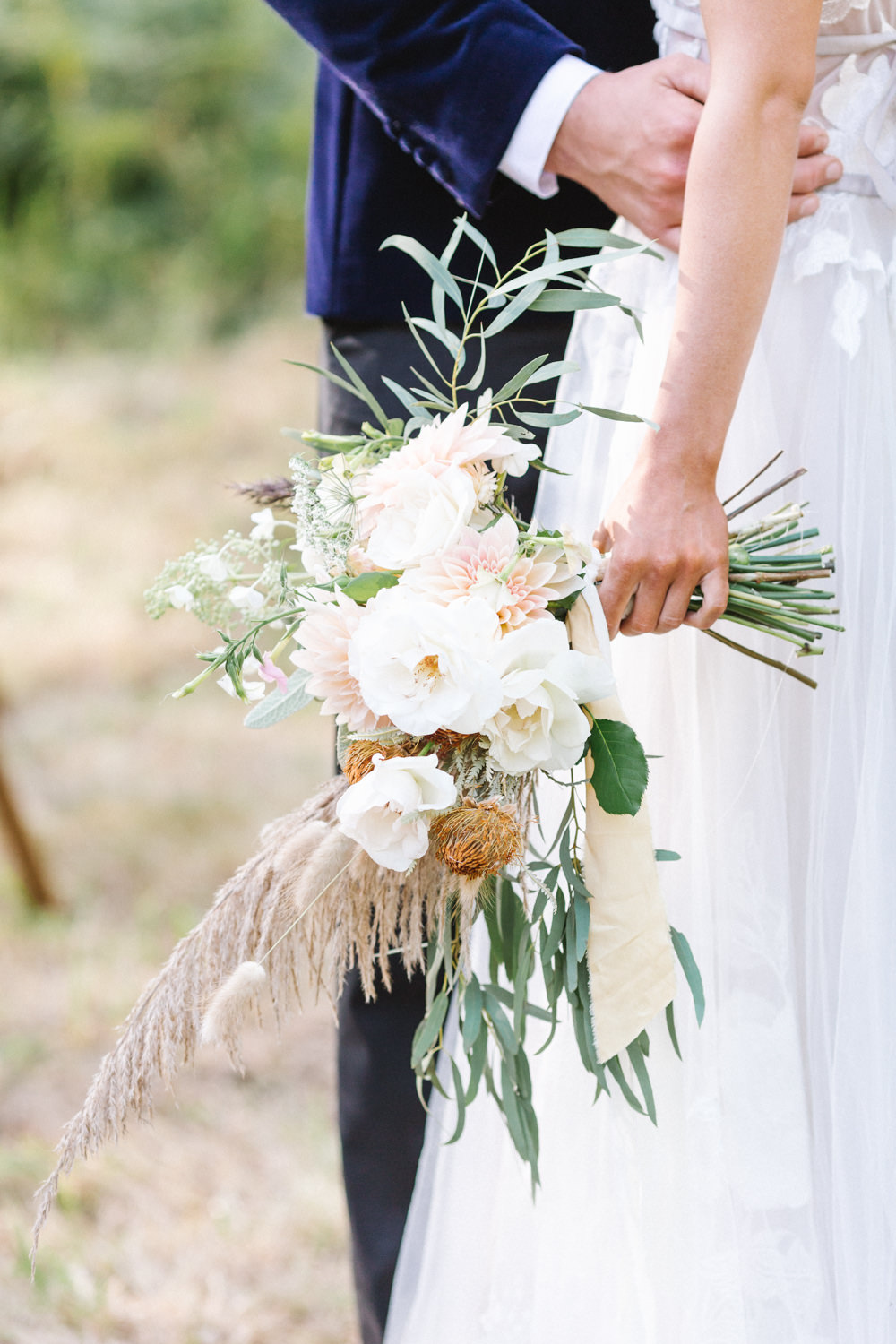 Bouquet Flowers Bride Bridal Rose Dahlias Grass Foliage Ribbon Boconnoc Wedding Debs Alexander Photography