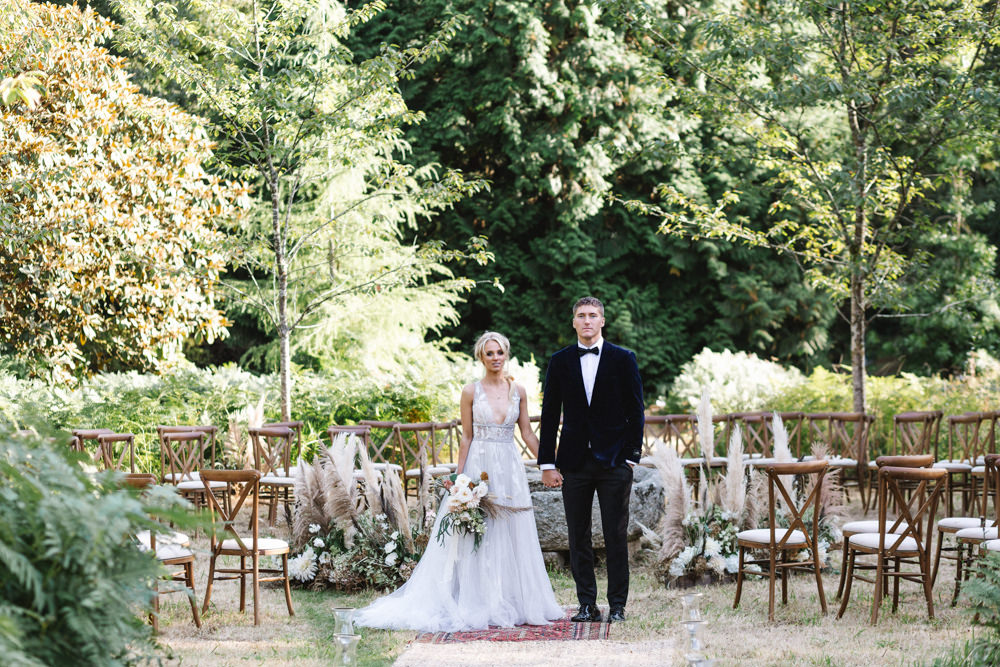 Ceremony Woodland Outdoor Circle Round Chairs Flowers Pampas Grass Palm Leaves Dahlias Aisle Boconnoc Wedding Debs Alexander Photography