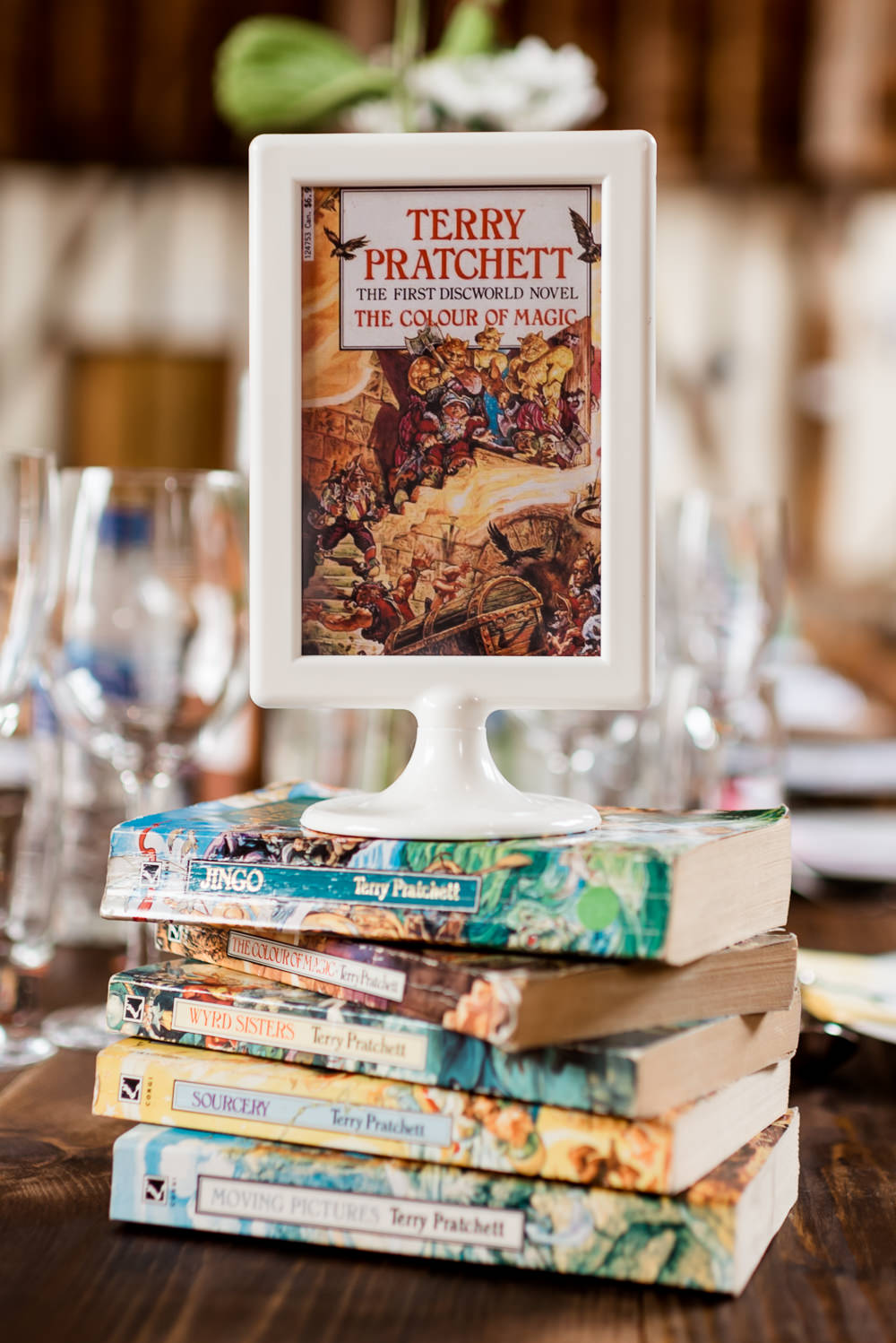 Table Name Books Centrepiece Bonhams Barn Wedding Will Patrick Photography