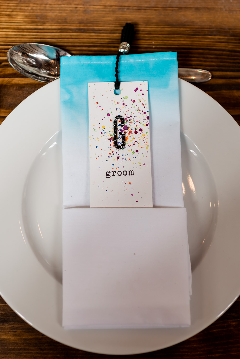 Tie Die Ombre Napkin Place Setting Name Card Bonhams Barn Wedding Will Patrick Photography