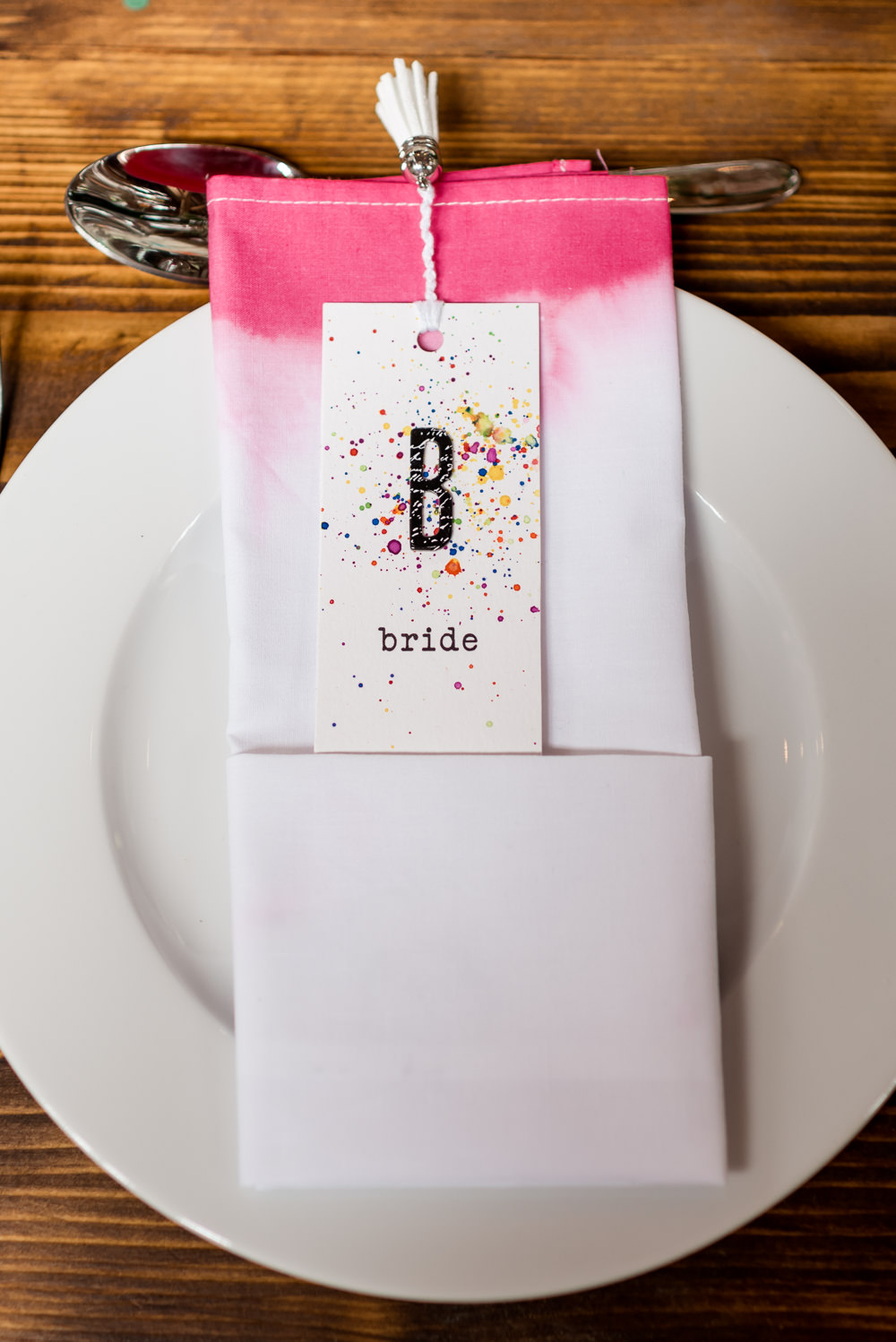 Tie Die Ombre Napkin Place Setting Name Card Book Mark Favour Bonhams Barn Wedding Will Patrick Photography