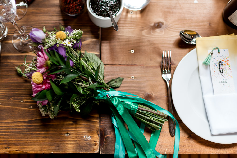 Bouquet Flowers Bride Bridal Colourful Ribbon Daisy Billy Ball Bonhams Barn Wedding Will Patrick Photography