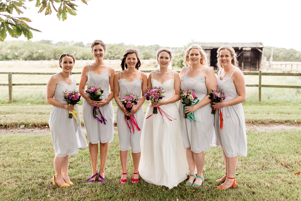 Bridesmaids Bridesmaid Dress Dresses Bouquets Ribbons Colourful Rainbow Bonhams Barn Wedding Will Patrick Photography