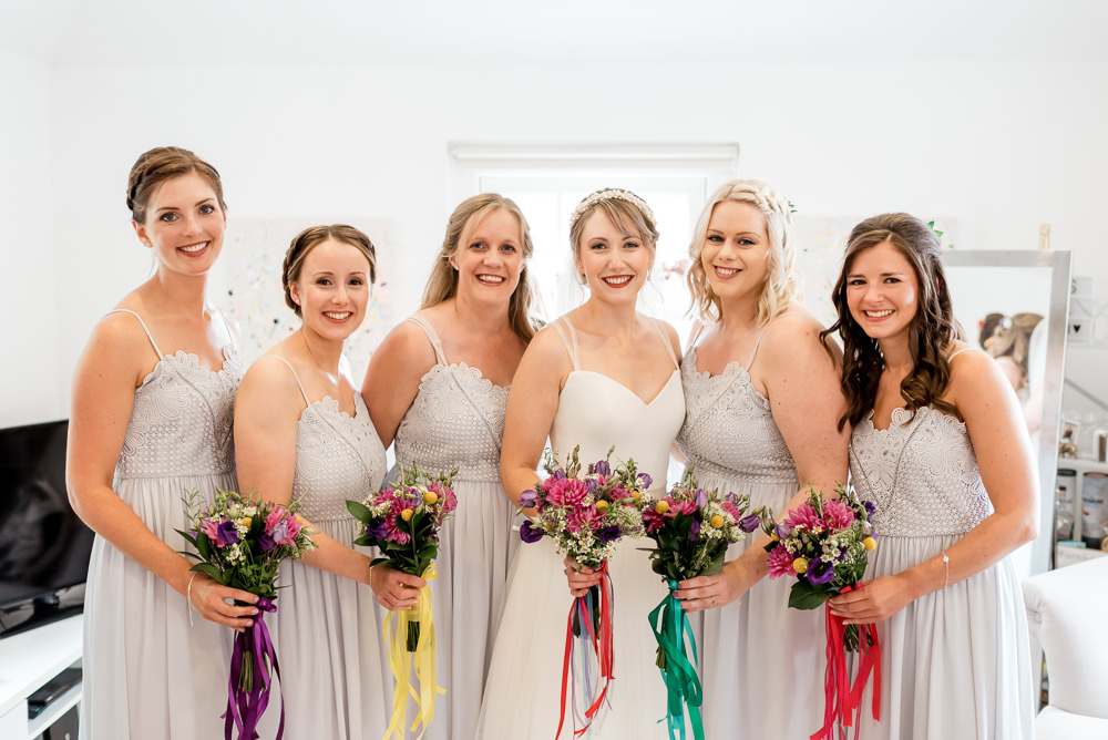 Bridesmaids Bridesmaid Dress Dresses Bouquets Ribbons Colourful Rainbow Bonhams Barn Wedding Will Patrick Photography