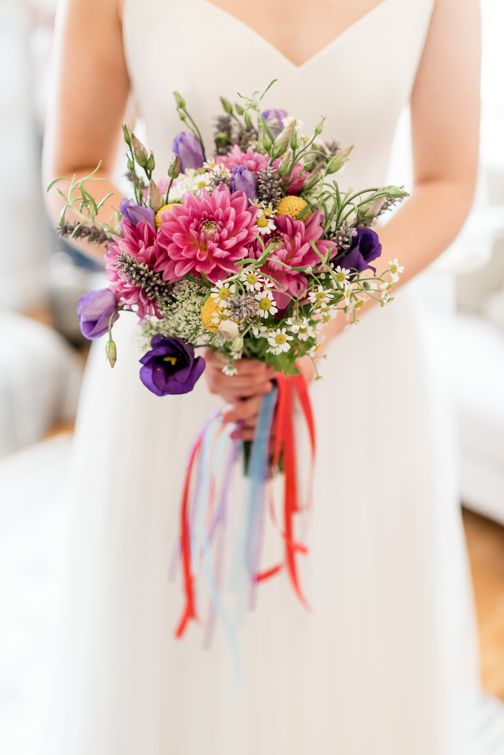 Bouquet Flowers Bride Bridal Colourful Ribbon Daisy Billy Ball Bonhams Barn Wedding Will Patrick Photography