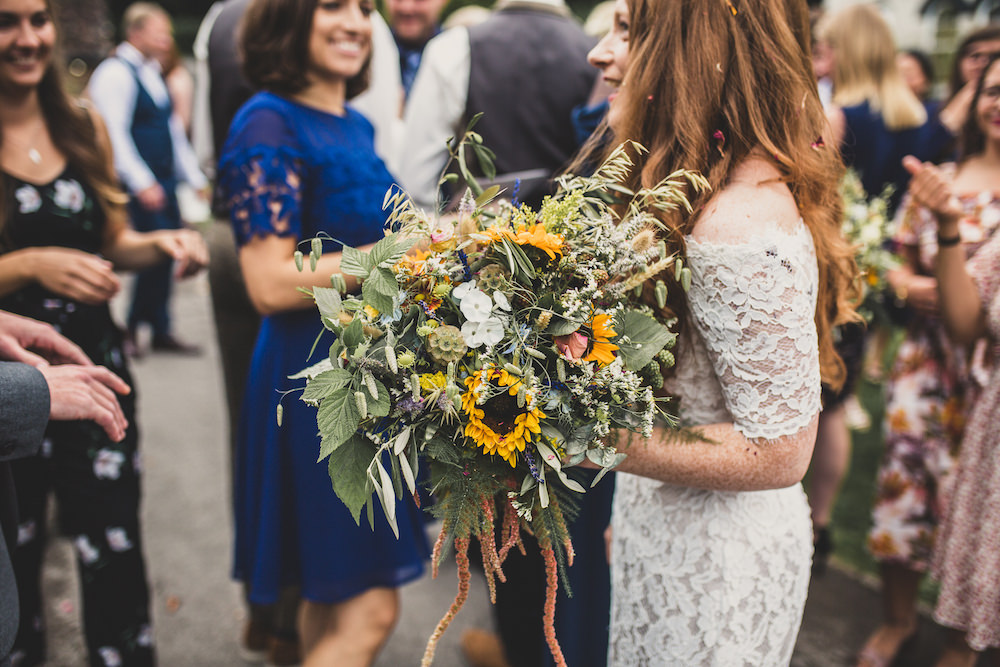 Bouquet Flowers Bride Bridal Sunflower Sundlowers Greenery Foliage Burley Manor Wedding Becky Bailey Photographer