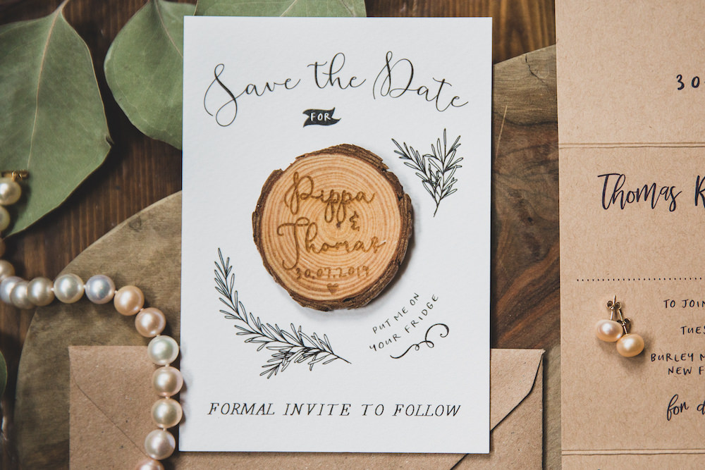 Save The Date Stationery Invite Invitation Log Slice Burley Manor Wedding Becky Bailey Photographer