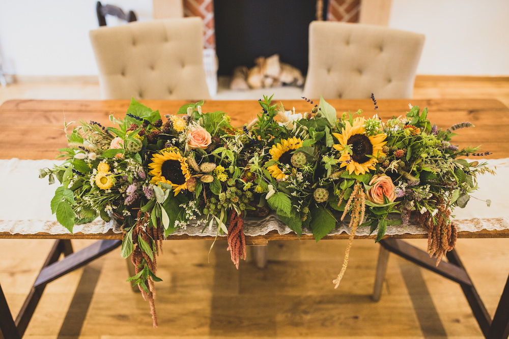 Ceremony Flowers Table Sunflowers Burley Manor Wedding Becky Bailey Photographer