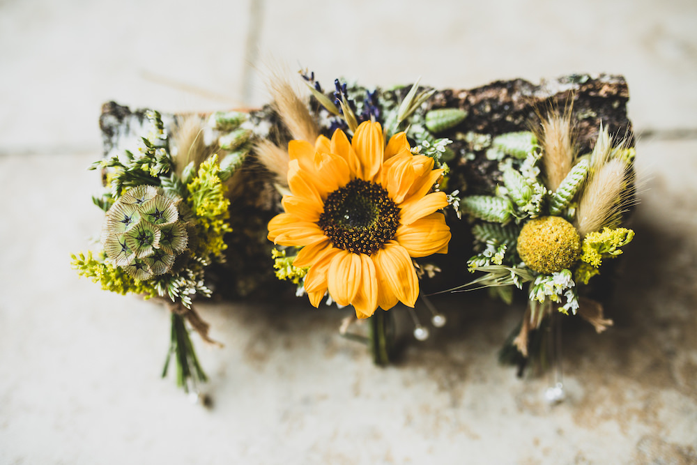 Sunflower Buttonhole Flowers Burley Manor Wedding Becky Bailey Photographer