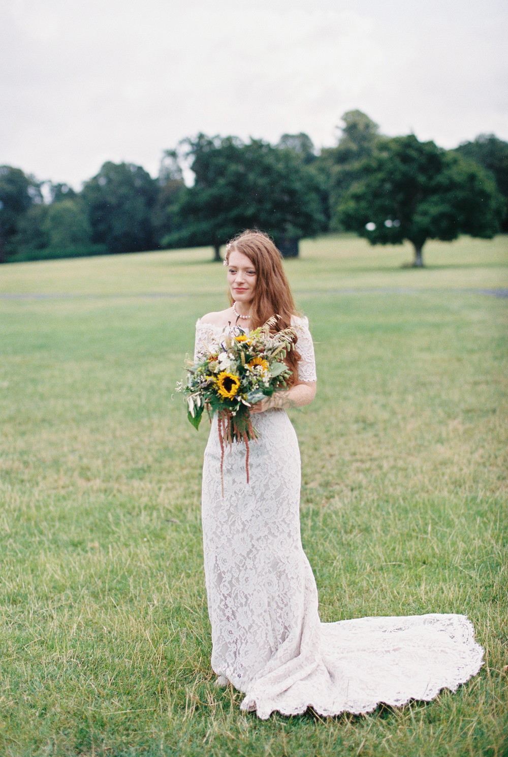 Dress Gown Bride Bridal White Rose Lace Fit Flare Off Shoulder Bardot Burley Manor Wedding Becky Bailey Photographer