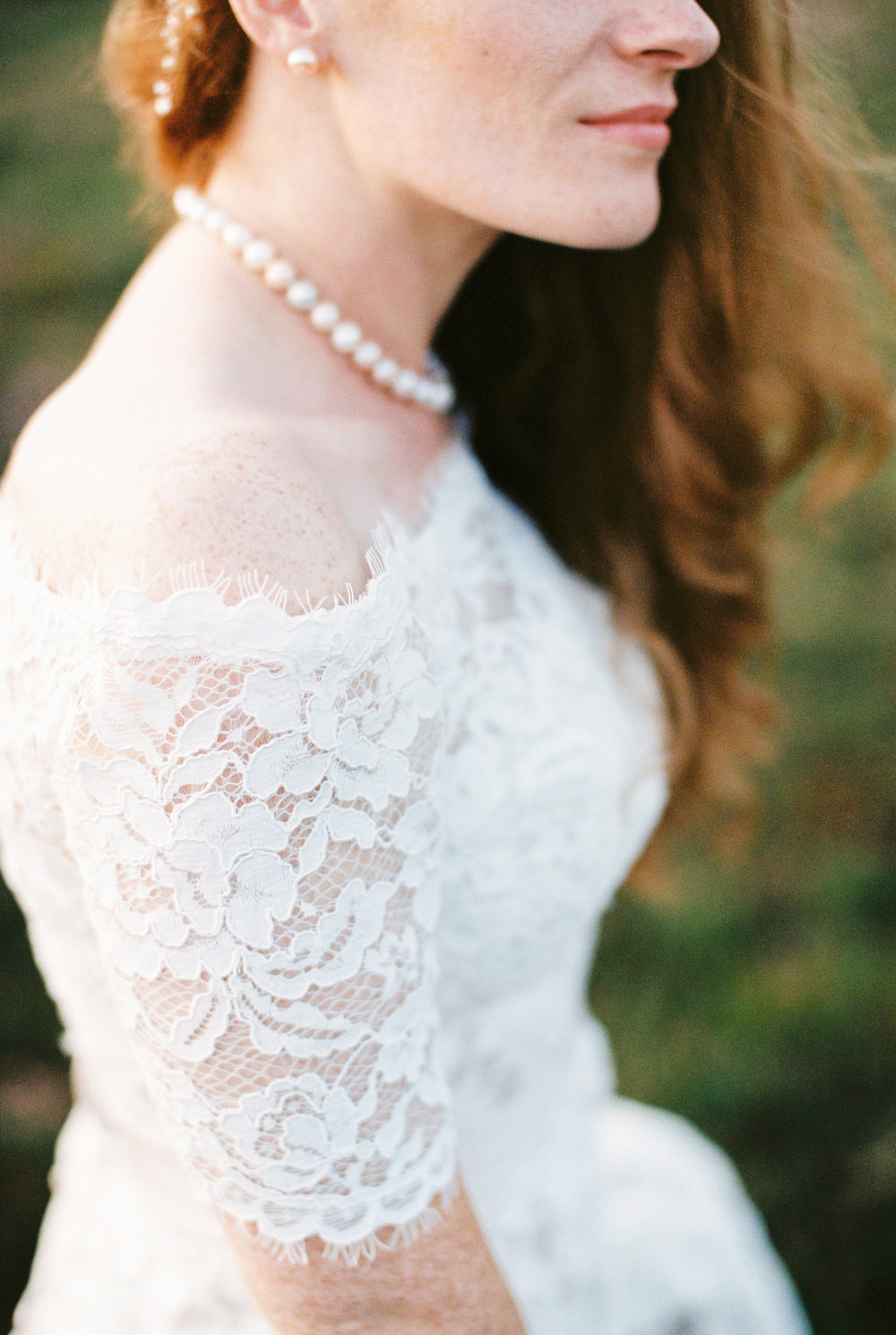Dress Gown Bride Bridal White Rose Lace Fit Flare Off Shoulder Bardot Pearl Necklace Burley Manor Wedding Becky Bailey Photographer