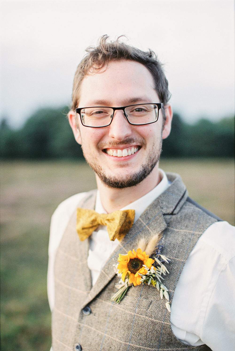 Groom Tweed Waistcoat Yellow Bow Tie Sunflowers Buttonhole Burley Manor Wedding Becky Bailey Photographer