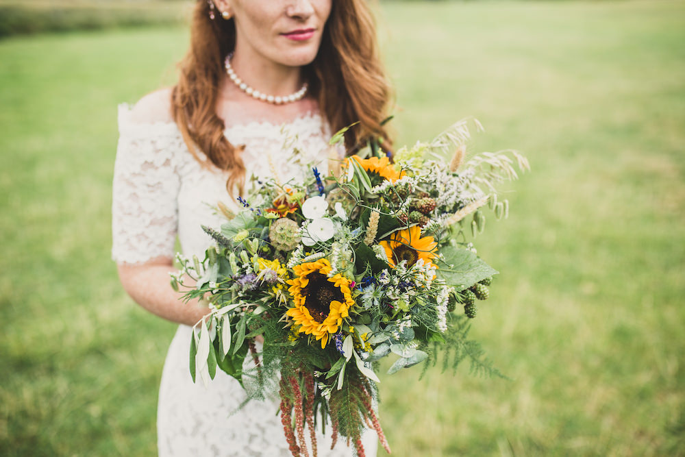 Bouquet Flowers Bride Bridal Sunflower Sundlowers Greenery Foliage Burley Manor Wedding Becky Bailey Photographer