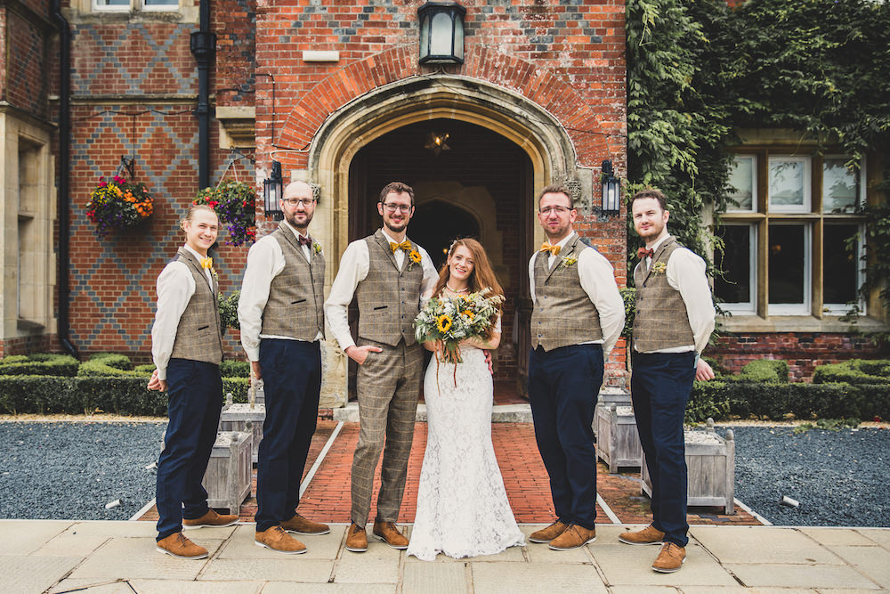 Groom Tweed Waistcoat Yellow Bow Tie Sunflowers Buttonhole Groomsmen Burley Manor Wedding Becky Bailey Photographer