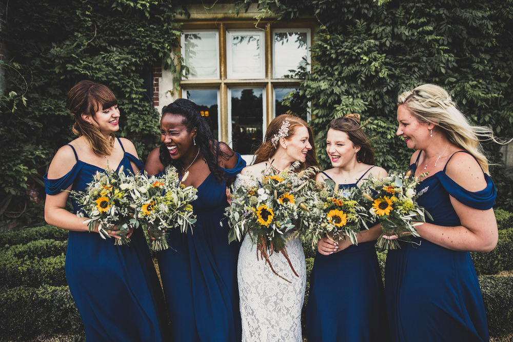 Bridesmaids Bridesmaid Dress Dresses Blue Sunflower Bouquets Burley Manor Wedding Becky Bailey Photographer