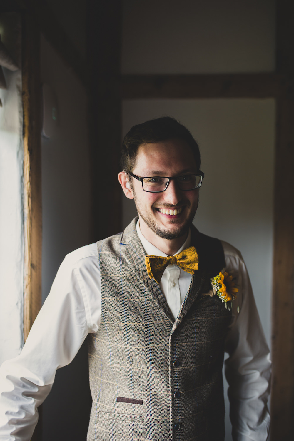Groom Tweed Waistcoat Yellow Bow Tie Sunflowers Buttonhole Burley Manor Wedding Becky Bailey Photographer