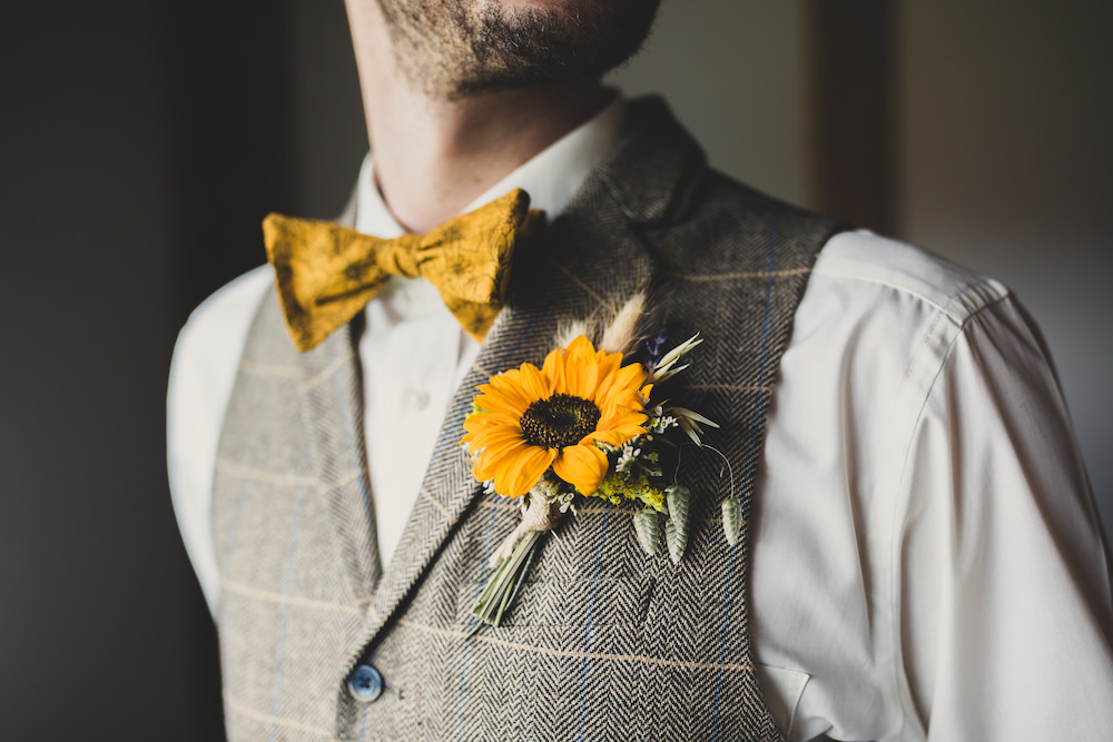 Groom Tweed Waistcoat Yellow Bow Tie Sunflowers Buttonhole Burley Manor Wedding Becky Bailey Photographer