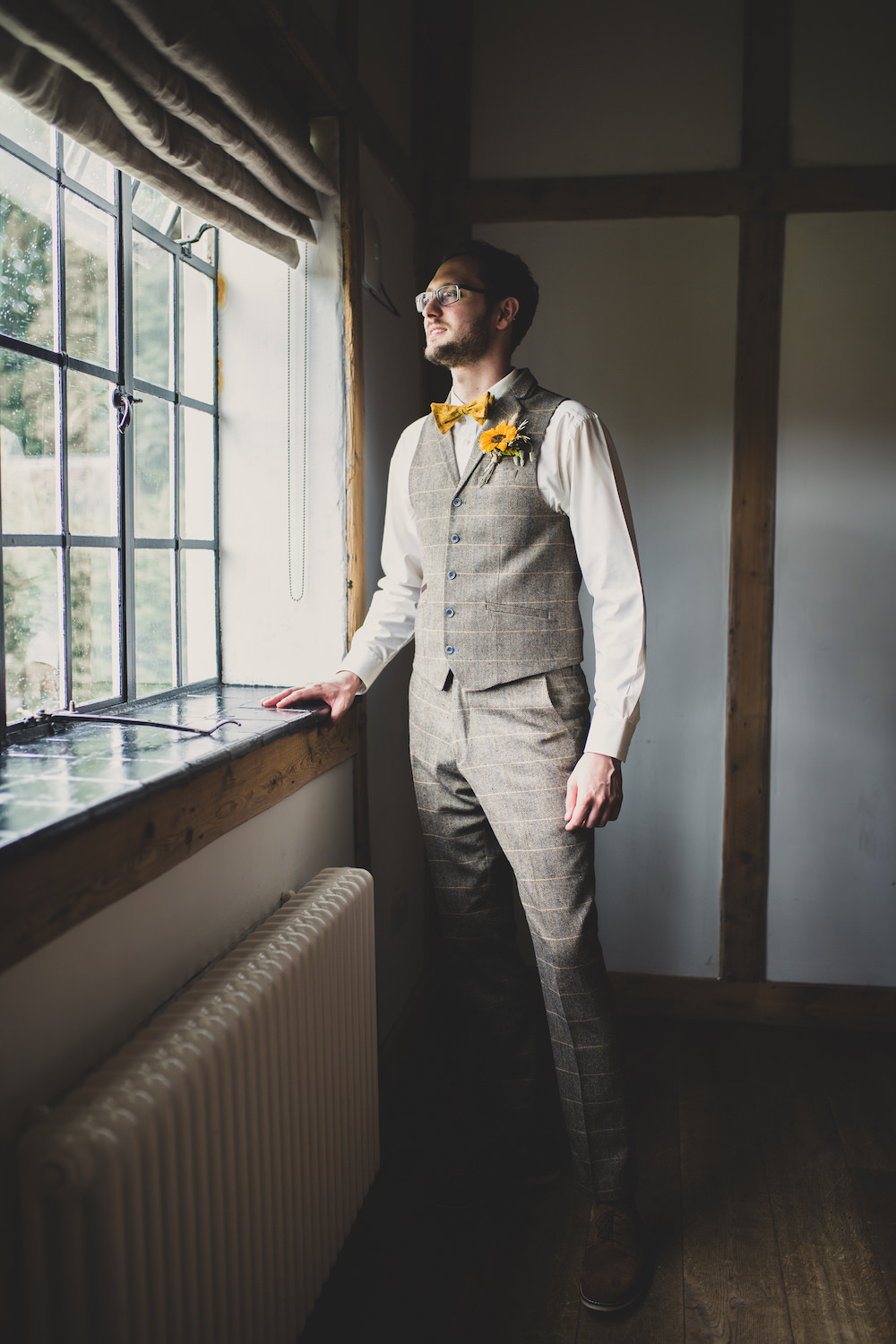 Groom Tweed Waistcoat Yellow Bow Tie Sunflowers Buttonhole Burley Manor Wedding Becky Bailey Photographer