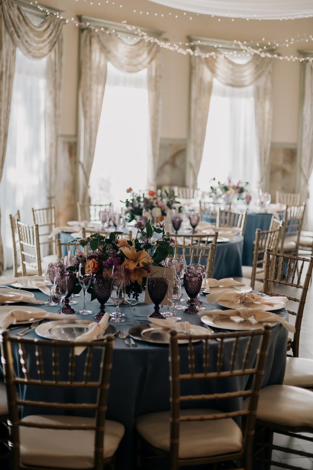 Table Decor Blue Cloths Flowers Fairy Lights California Wedding Wanderlust Creatives