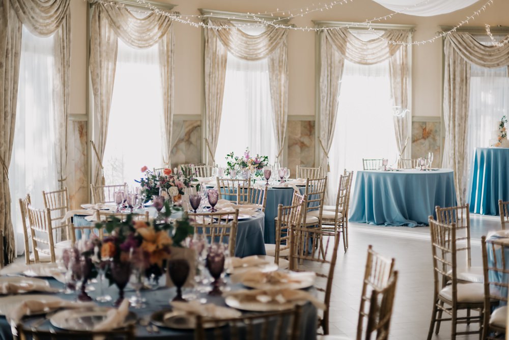 Table Decor Blue Cloths Flowers Fairy Lights California Wedding Wanderlust Creatives
