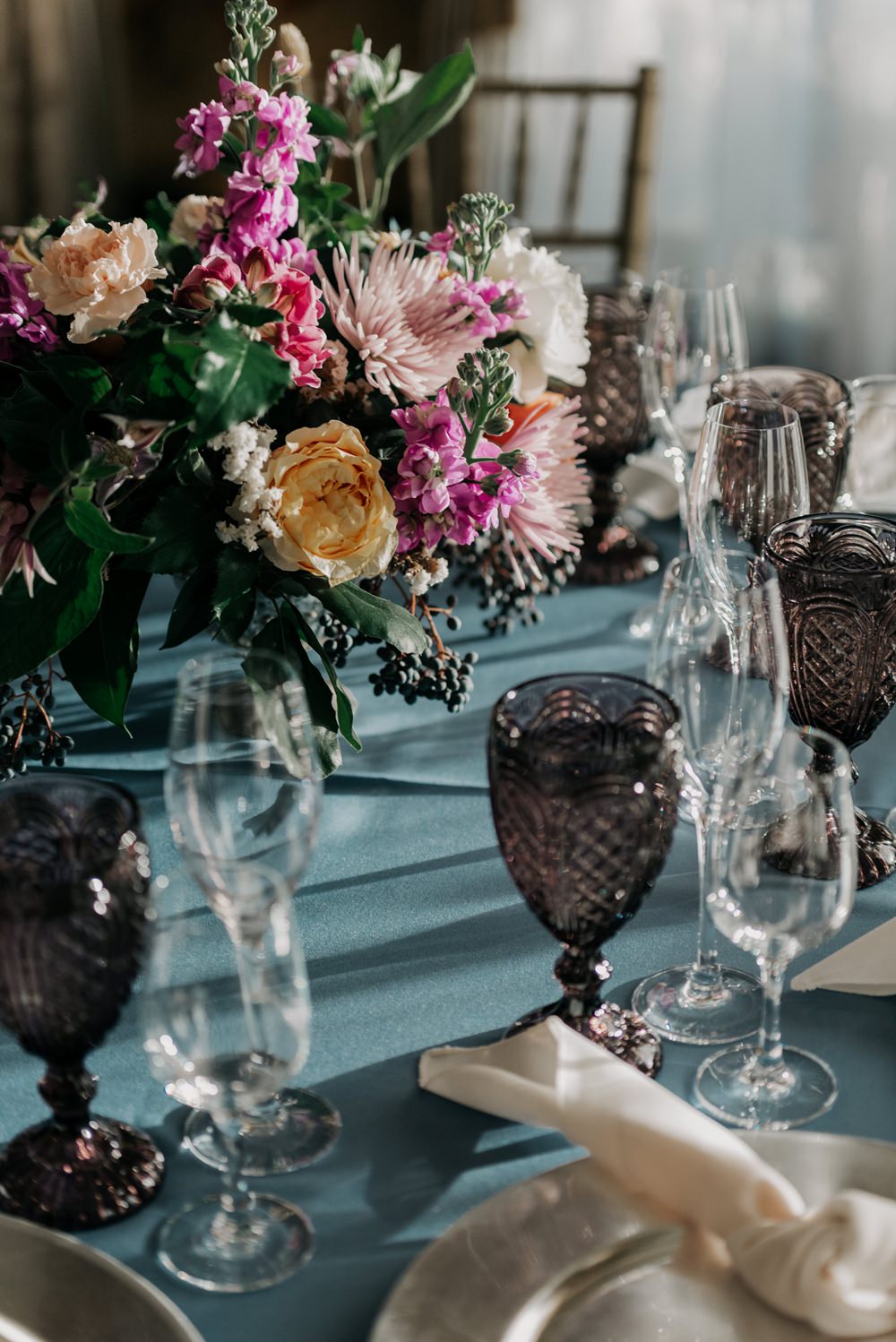 Table Decor Blue Cloths Flowers Fairy Lights California Wedding Wanderlust Creatives