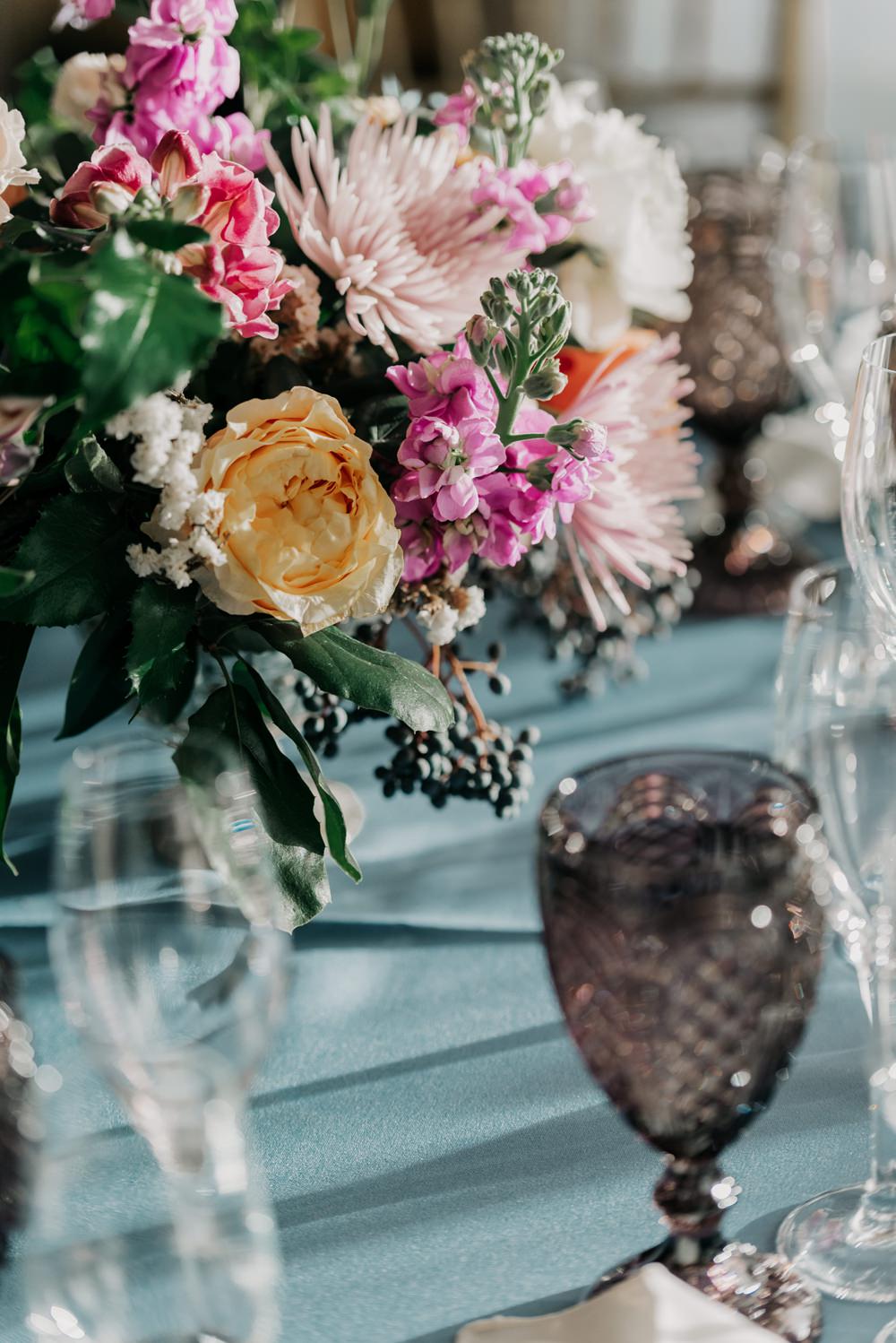 Table Decor Blue Cloths Flowers Fairy Lights California Wedding Wanderlust Creatives