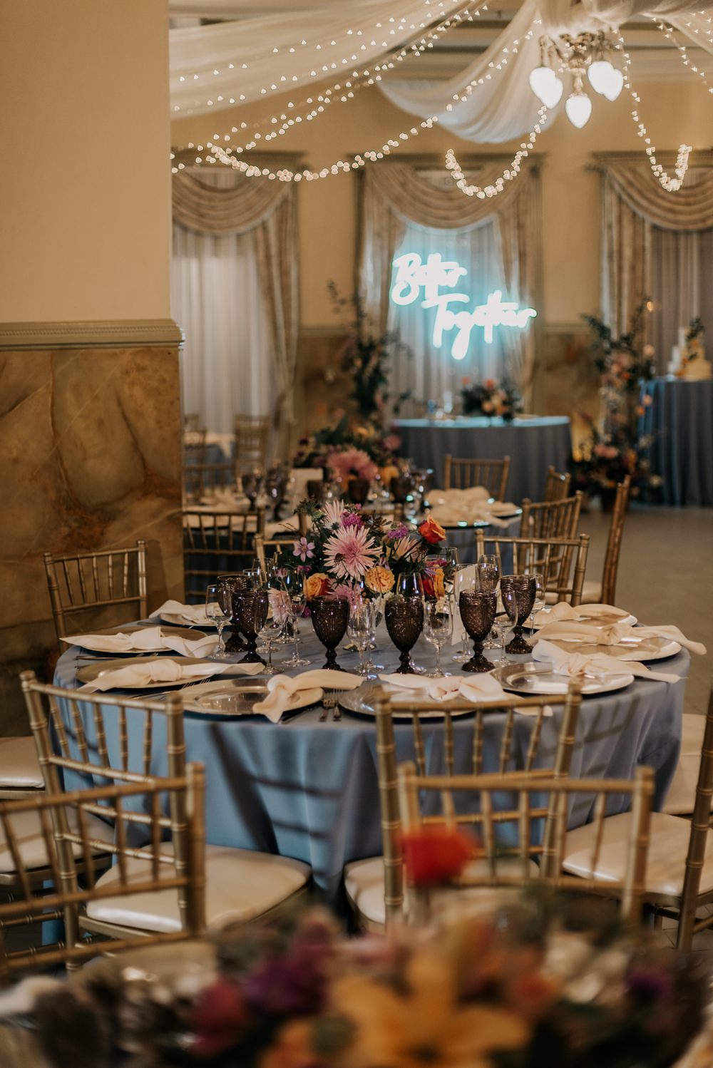 Table Decor Blue Cloths Flowers Fairy Lights California Wedding Wanderlust Creatives