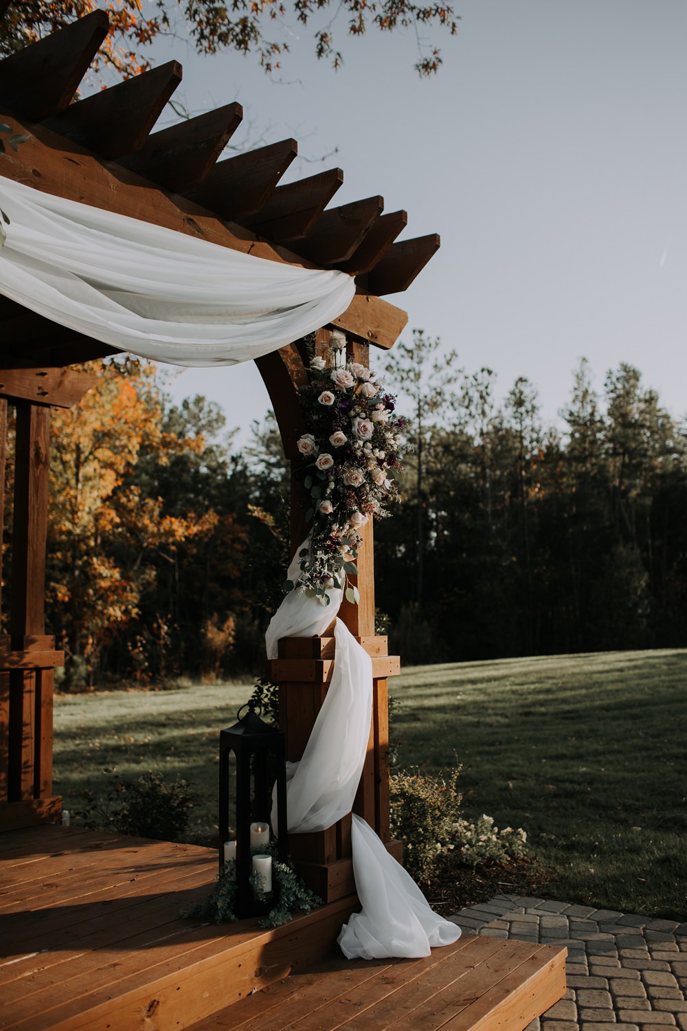 Outdoor Ceremony Arbour Flower Arch Fabric Cedar Creek Ranch Wedding Dani Nicole Photography