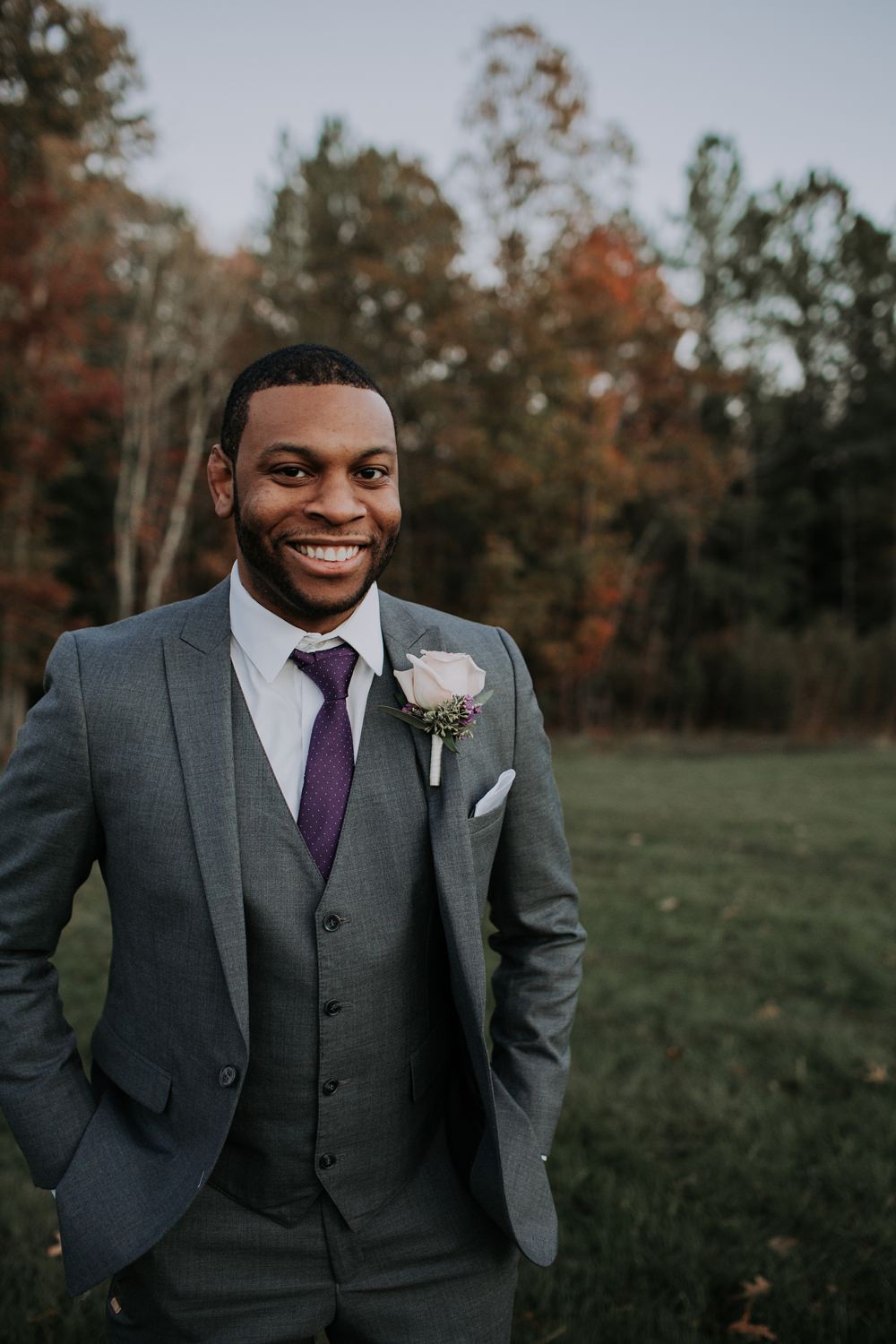 Groom Suit Grey Purple Tie Cedar Creek Ranch Wedding Dani Nicole Photography
